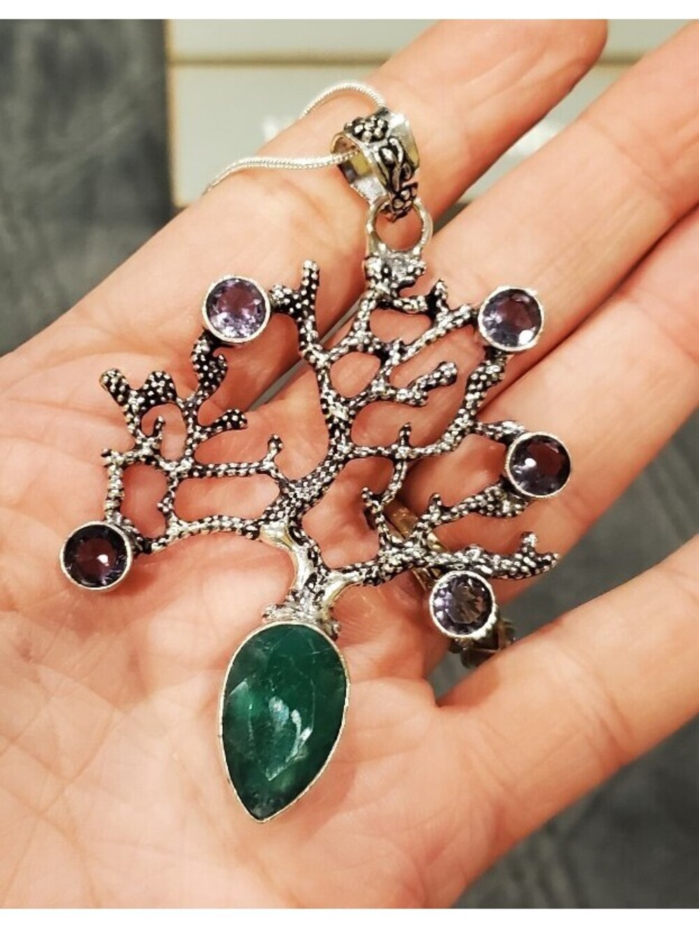 925 Purple amethyst green emerald tree of life necklace